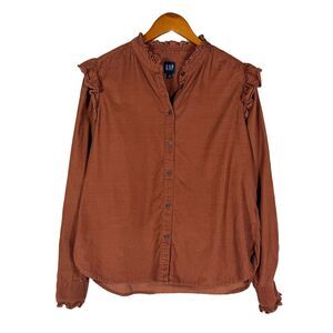 GAP Ruffle Collar Blouse Cottagecore Brown Button Front Boho Prairie Top Cotton